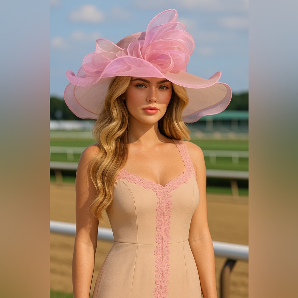 Kentucky Derby Hat Elegant Wide Brim Pink Organza Fascinator Oaks Spring Events